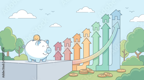 Real Estate Investment Growth Illustration: Piggy Bank Saving Money with Upward Arrow Chart Representing Housing Market Rise and Financial Success
