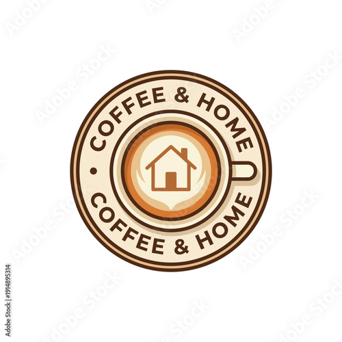 coffee cup latte art with house symbol in circle logo design