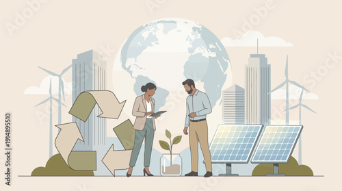 Corporate Sustainability and Green Energy Strategy Illustration. Business Professionals discussing Eco-friendly solutions, Solar Power, Wind Turbines, and Recycling.
