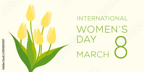 International Women's Day background with horizontal banner featuring tulips, vector illustration
