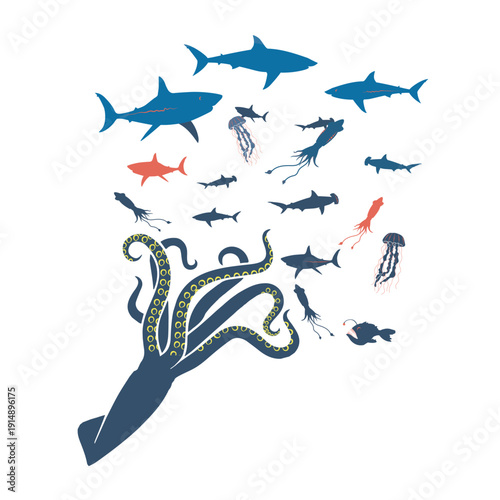 A vector illustration of a shark and fish flying like a jet aircraft through the sky for a travel and transportation design