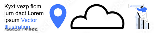 Cloud services, navigation, data analysis, technology, digital business, mapping. Blue pin, black cloud icon person analyzing charts. Cloud services and navigation concept