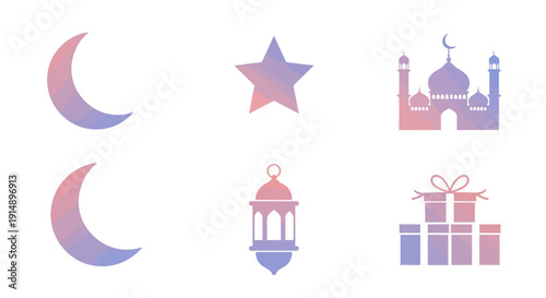 Celebrating Ramadan with crescent moons, star, mosque, lantern, and gifts in a festive illustration