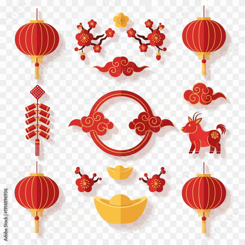 Vibrant Chinese New Year celebration elements arranged in a festive collage with lanterns and symbolic motifs.