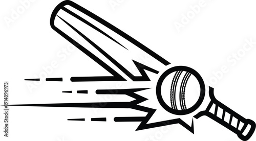 Dynamic black and white icon design illustrating a cricket bat making forceful, powerful contact with a speeding leather ball during a match moment