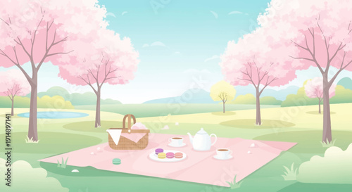 A serene picnic scene under pink blossoming trees in a lush green park viewed from a distance.