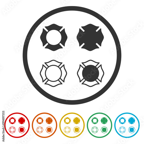 Fire department badge set. Set icons in color circle buttons