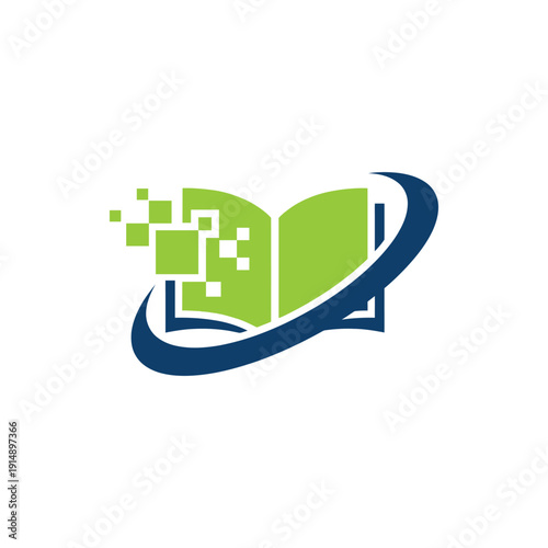 Digital learning logo featuring an open book with dispersing pixels and a dynamic swoosh element