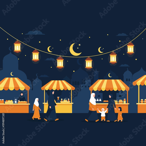 Nighttime Ramadan Market Scene with Vendors, Customers, and Lanterns Under Starry Sky