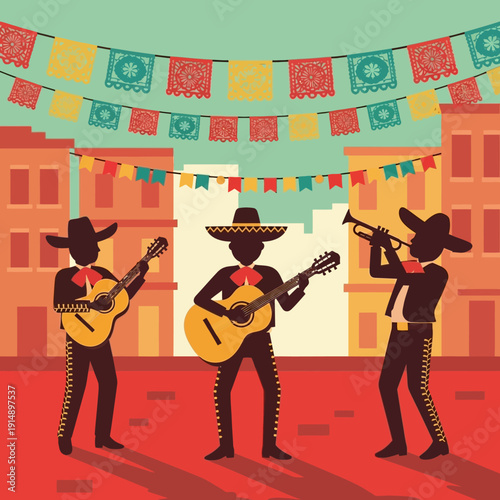 Three mariachi musicians playing guitars and trumpet on a vibrant street with festive banners