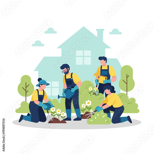 Group of people gardening together in front of a house with various plants and flowers