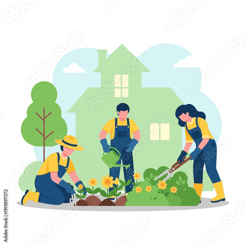 Three gardeners tending to vibrant flowers and lush greenery in a serene residential garden setting from a slightly elevated viewpoint