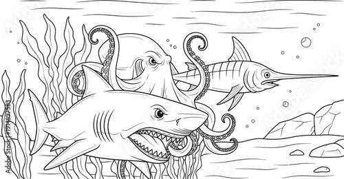 Fierce outline drawing of a great white shark octopus and swordfish swimming together among underwater seaweed and rocks for coloring
