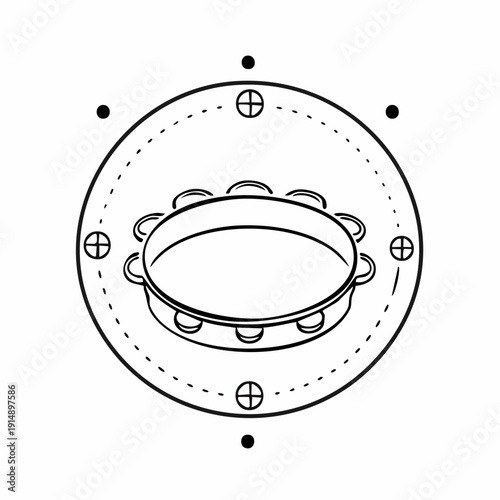 Tambourine icon outline in a circular frame with four points on the perimeter