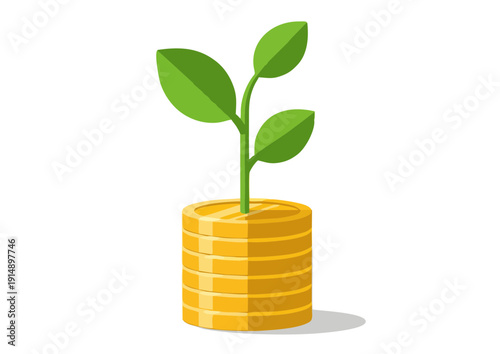Growth Financing: Gold Coin Stack with Sprouting Plant Illustration