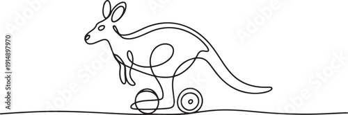 Kangaroo wooden wheeled toy illustrated in single line drawing style, symbolizing energy and playfulness. Animal concept represents childhood fun. one line Icon drawing