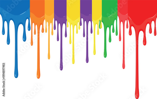 Dynamic spectrum of colorful paint drips descending, creating an abstract background for creative graphic design projects.