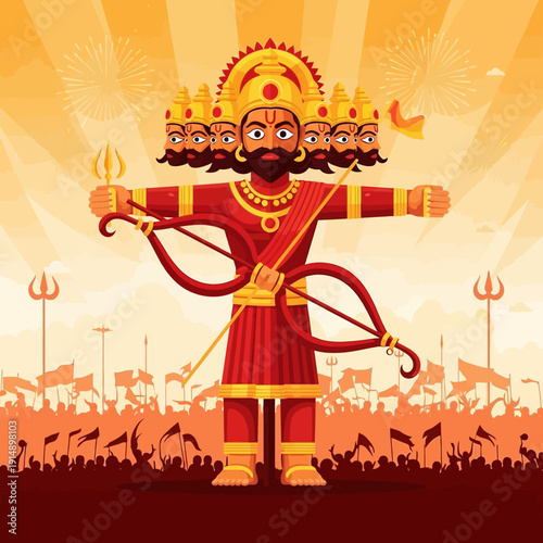 Illustration of a deity with multiple heads holding a bow and arrow in a celebratory scene