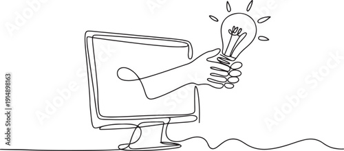 Single one line drawing hands out of the monitor screen while holding a bulb lamp. Inspiration comes suddenly. Exhilarating. Cheering. one line Icon drawing