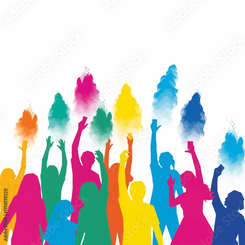 A group of people celebrating with colorful powder in the air, enjoying a vibrant scene