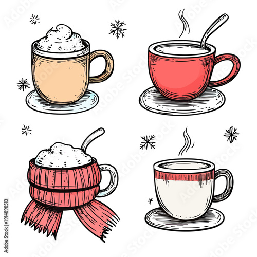 Hand drawn winter coffee and tea set with steaming cups and mug wrapped in cozy scarf with whipped cream and spoon on saucers in sketch style vector illustration