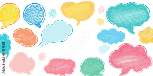 Colorful hand drawn crayon speech bubbles set with textured doodle style communication icons for conversation and chat concepts vector illustration