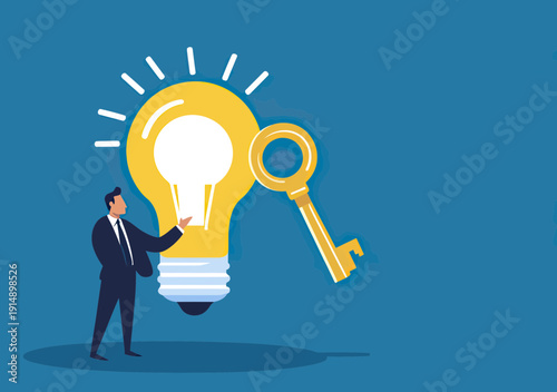 Businessman holding golden key unlocking large glowing light bulb idea symbolizing innovation creativity opportunity and smart solutions in flat vector style