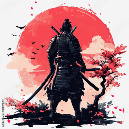 Samurai warrior in traditional armor standing near cherry blossom tree with red sun and flying birds in Japanese ink painting style illustration