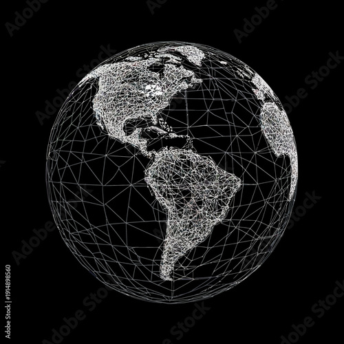 3D wireframe globe mesh of Americas and Atlantic Ocean with polygonal continents digital network sphere on black background vector illustration
