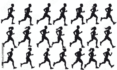 Silhouette set of men and women running jogging sprinting in motion athletic exercise fitness competition marathon training vector illustration in flat minimalist style