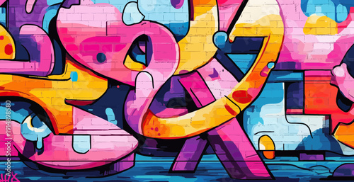 Colorful urban graffiti street art mural on brick wall with vibrant abstract shapes and bold spray paint design in bright pink yellow blue and purple tones