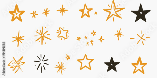 Hand drawn gold star sparkle set with various twinkle shine and glitter doodles in minimalist flat vector style for magic party and celebration design elements