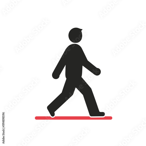 Minimalist black silhouette of walking person icon with red ground line isolated on white background simple flat vector design for navigation or pedestrian signage
