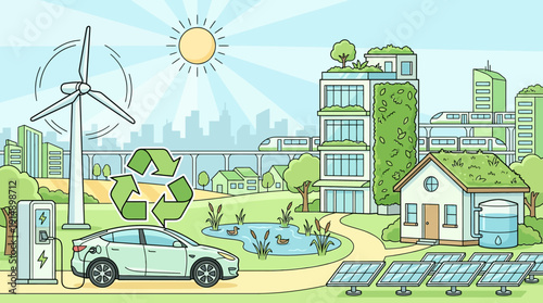 Sustainable City Illustration: Green Energy, Electric Car Charging, Solar Panels, Wind Turbine, and Eco-Friendly Urban Living.