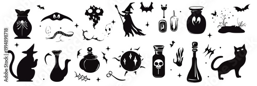 Black and white Halloween vector icons set featuring witches, bats, black cats, potion bottles, skulls, and spooky elements in minimalist flat style