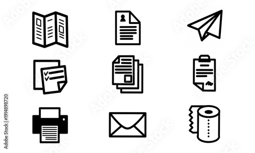 Collection of black and white line art icons representing various document and communication concepts.