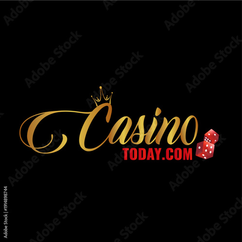 Elegant Gold Cursive Casino Logo with Royal Crown and Red Dice on Black Background for Online Gambling and Gaming Branding