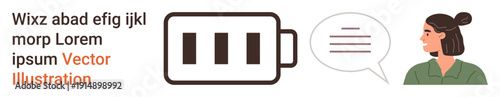 Communication, energy, technology, sustainability, productivity, information exchange. A woman next to a battery icon and speech bubble. Communication and energy concept
