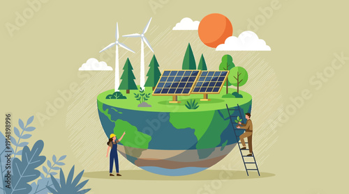 Renewable Energy and Sustainability Concept Illustration. Global Earth with Solar Panels, Wind Turbines, Trees, and People Working on an Eco-Friendly Future.