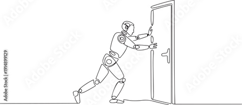 Single one line drawing robot standing and pushing closed door. Future technology development. Artificial intelligence and machine learning process. one line Icon drawing