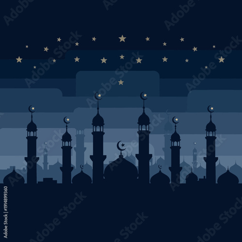 Silhouette of Mosque Minarets and Domes under Starry Night Sky with Crescent Moon
