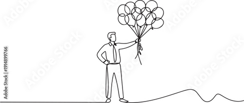 Single one line drawing the male worker standing holding lots of balloons. Celebration. Brilliance. Profitable projects abound. National Fun at Work Day. one line Icon drawing