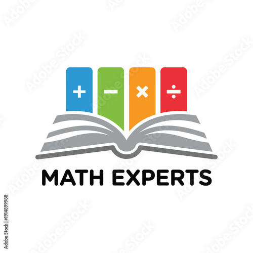 Educational math experts logo featuring open book and arithmetic symbols with vibrant colors for tutoring and academic success