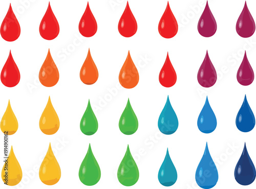 Rows of Vivid Liquid Drops in a Smooth Color Gradient, from Warm to Cool Tones, for Graphic Design Elements and Backgrounds