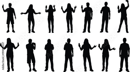Smartphone silhouette vector illustration of people using mobile devices, taking selfies, social behavior artwork, modern lifestyle design, technology communication concept