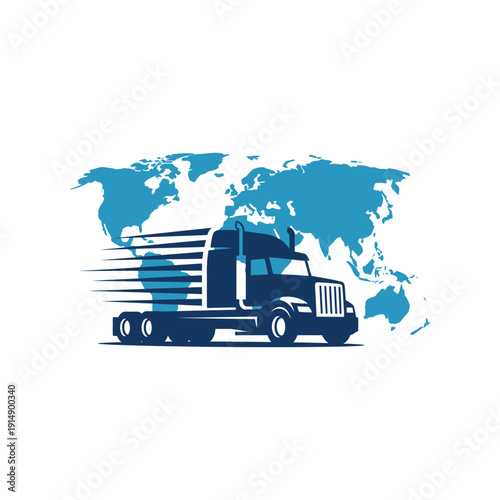 Fast moving truck on world map background indicating global logistics and delivery