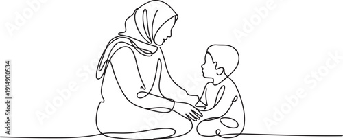 Single continuous line drawing of young Arabian mother talk and give wise advice to her son as life lesson. Islamic muslim happy family motherhood concept. one line Icon drawing
