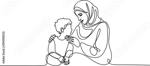 Single continuous line drawing of young Arabian mother talk and give wise advice to her son as life lesson. Islamic muslim happy family motherhood concept. one line Icon drawing