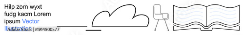 Education, organization, workspace, creativity, reading, learning. Clean line art a cloud, chair and an open book. Education and workspace concepts presented visually