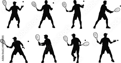 Tennis Player Silhouettes Collection Featuring Forehand Backhand and Serve Actions Representing Sport Competition and Athletic Training in Black Vector Illustration